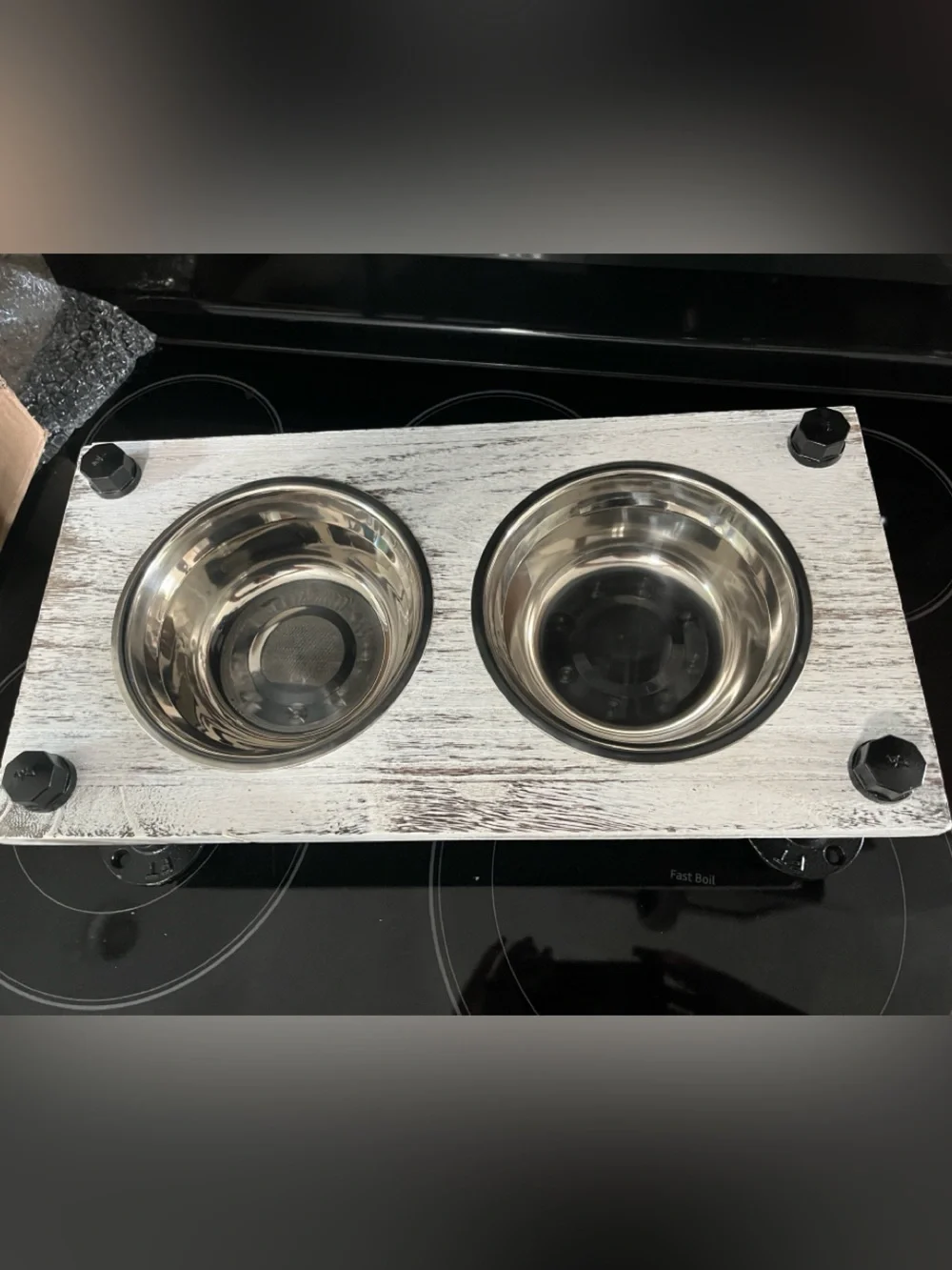 Elevated Pet Dish -Whitewash~Grey W/Black Pipe legs & 2 Stainless Steel bowls 🆕